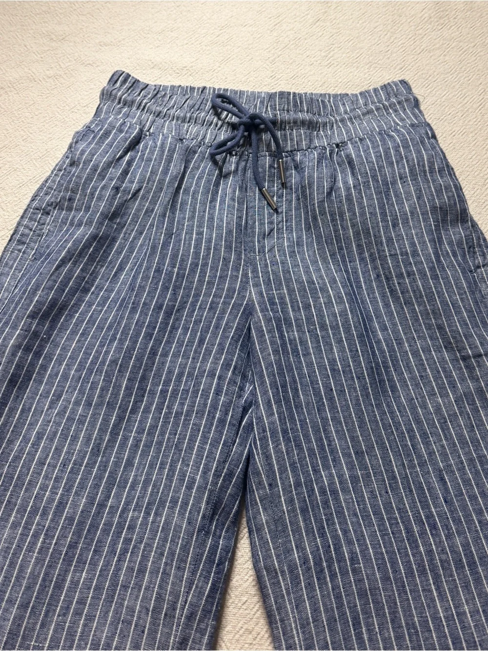 Quince 100% European Linen Wide Leg Pants S Chambray Blue Striped Coastal
